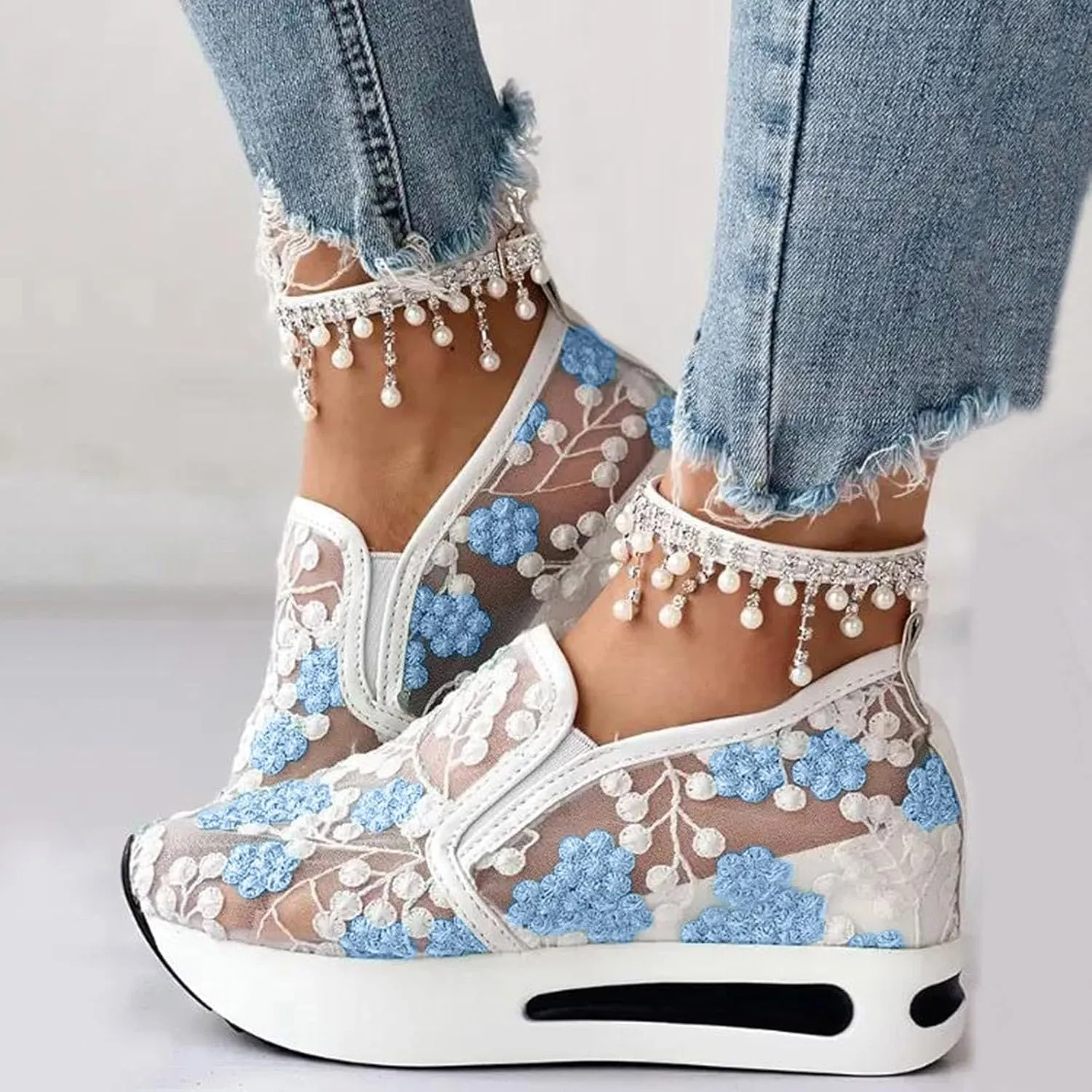 Platform Wedge Sneakers for Women Dressy Casual High Heel Loafers Floral Embroidery Tennis Shoes Breathable Walking Shoe Comfortable Sheer Mesh Slip on Shoe Chunky Sole Sneaker with Arch Support