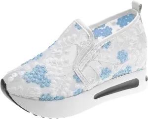 Platform Wedge Sneakers for Women Dressy Casual High Heel Loafers Floral Embroidery Tennis Shoes Breathable Walking Shoe Comfortable Sheer Mesh Slip on Shoe Chunky Sole Sneaker with Arch Support