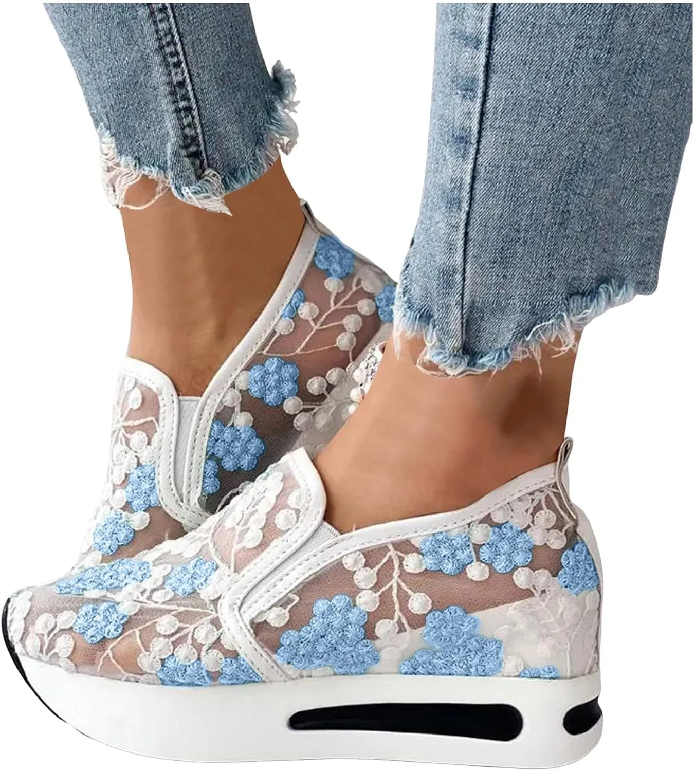Platform Wedge Sneakers for Women Dressy Casual High Heel Loafers Floral Embroidery Tennis Shoes Breathable Walking Shoe Comfortable Sheer Mesh Slip on Shoe Chunky Sole Sneaker with Arch Support