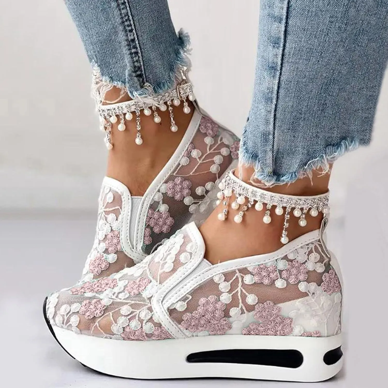 Platform Wedge Sneakers for Women Slip on Loafers Comfortable Thick Soft Shoes Arch Support Walking Work Shoes Breathable Sheer Mesh Lace Fashion Shoe Comfort Sneaker