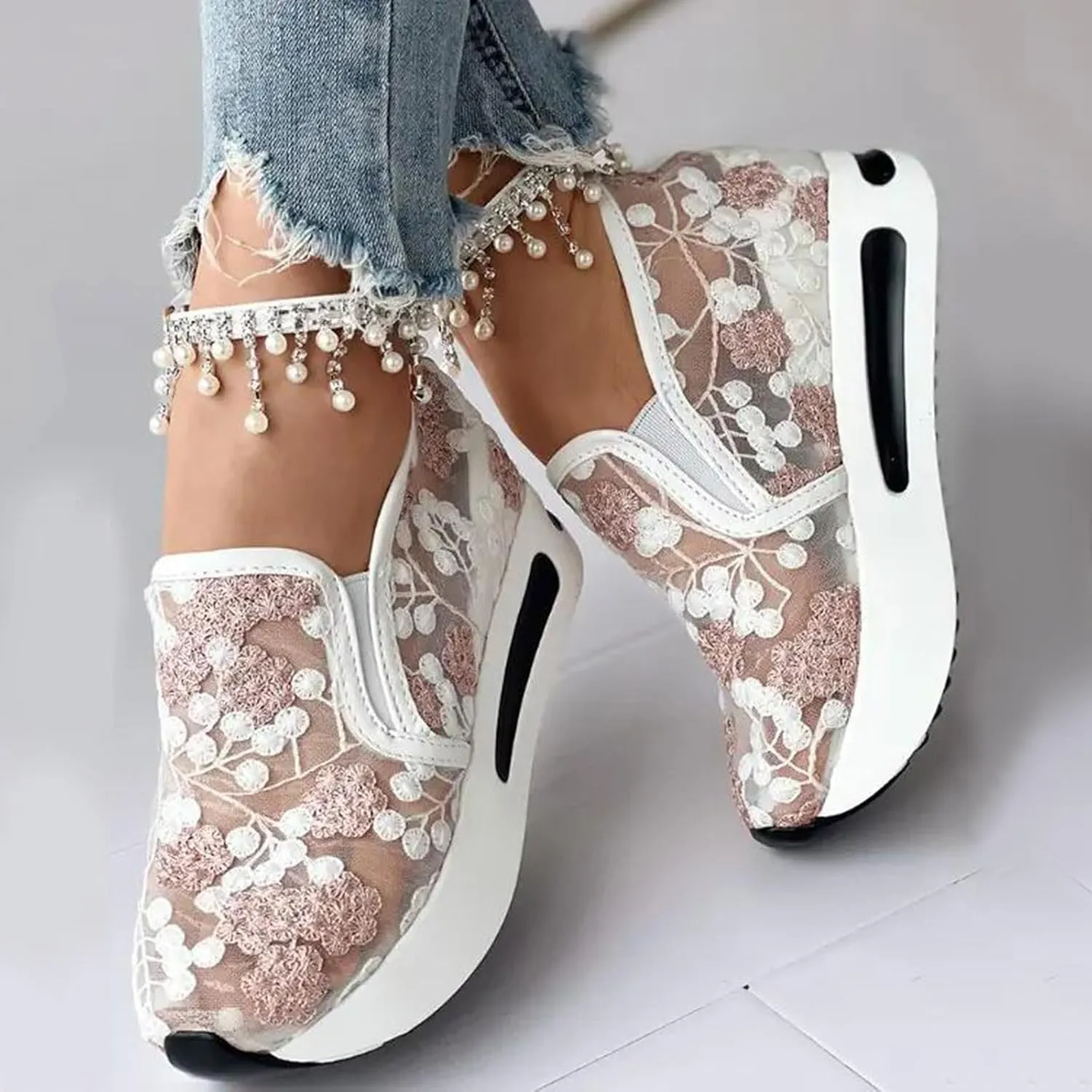 Platform Wedge Sneakers for Women Slip on Loafers Comfortable Thick Soft Shoes Arch Support Walking Work Shoes Breathable Sheer Mesh Lace Fashion Shoe Comfort Sneaker