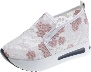 Platform Wedge Sneakers for Women Slip on Loafers Comfortable Thick Soft Shoes Arch Support Walking Work Shoes Breathable Sheer Mesh Lace Fashion Shoe Comfort Sneaker