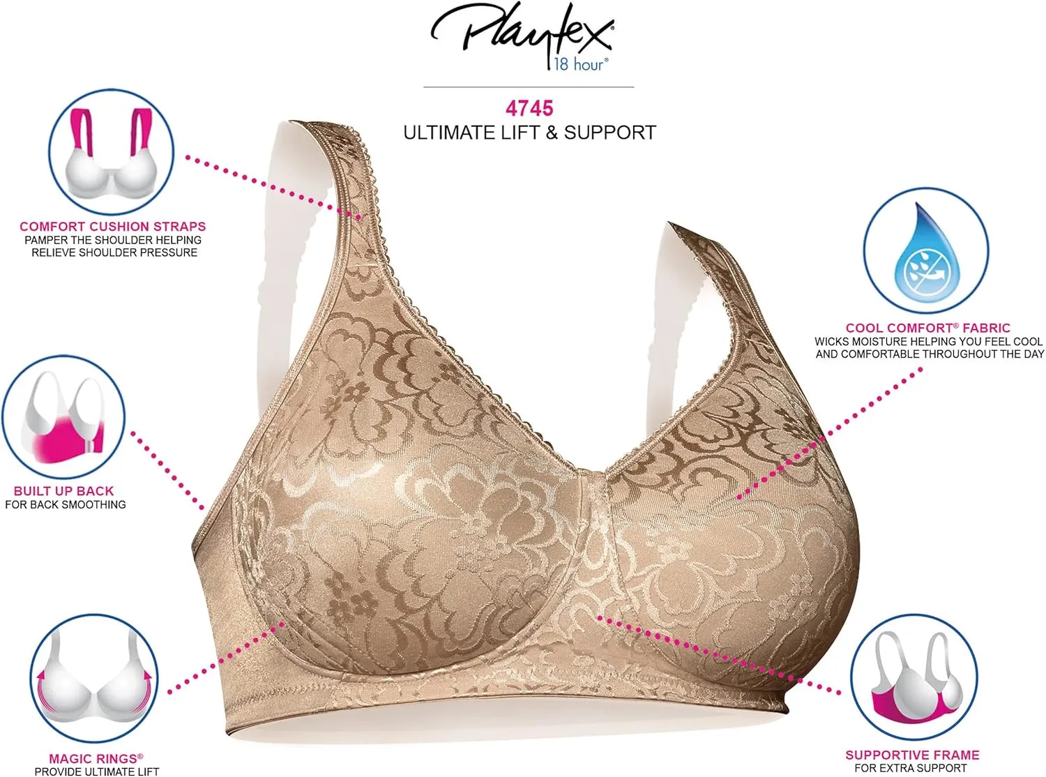 Playtex Women's Wireless Bra, 18 Hour Plus-Size Bras Available, Ultimate Lift, Moisture-Wicking, Single or 2-Pack