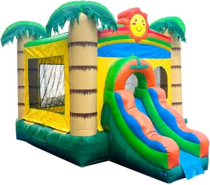 Pogo Bounce House Backyard Inflatable with Slide for Kids (Without Blower) - 18 x 12 x 14.5 Foot Non Printed Tropical Smiley Face - Built-in Bladder Water Misting System