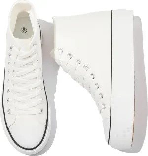 POVOGER Platform Sneakers for Women Fashion High Top Canvas Shoes White Womens Platform Shoes Casual Lace Up Mid Top Shoes