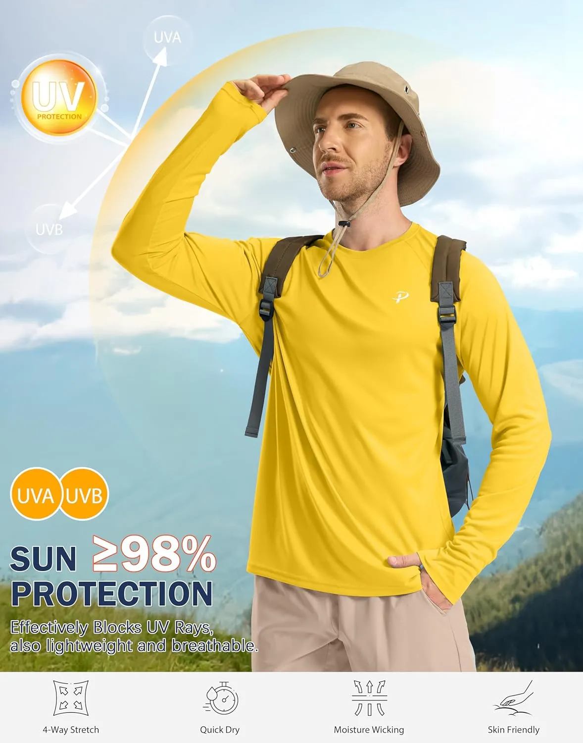 Pudolla Men's Sun Protection Shirts UV SPF UPF 50  Rash Guard Long Sleeve Lightweight Quick Dry Brethable Swimming Fishing