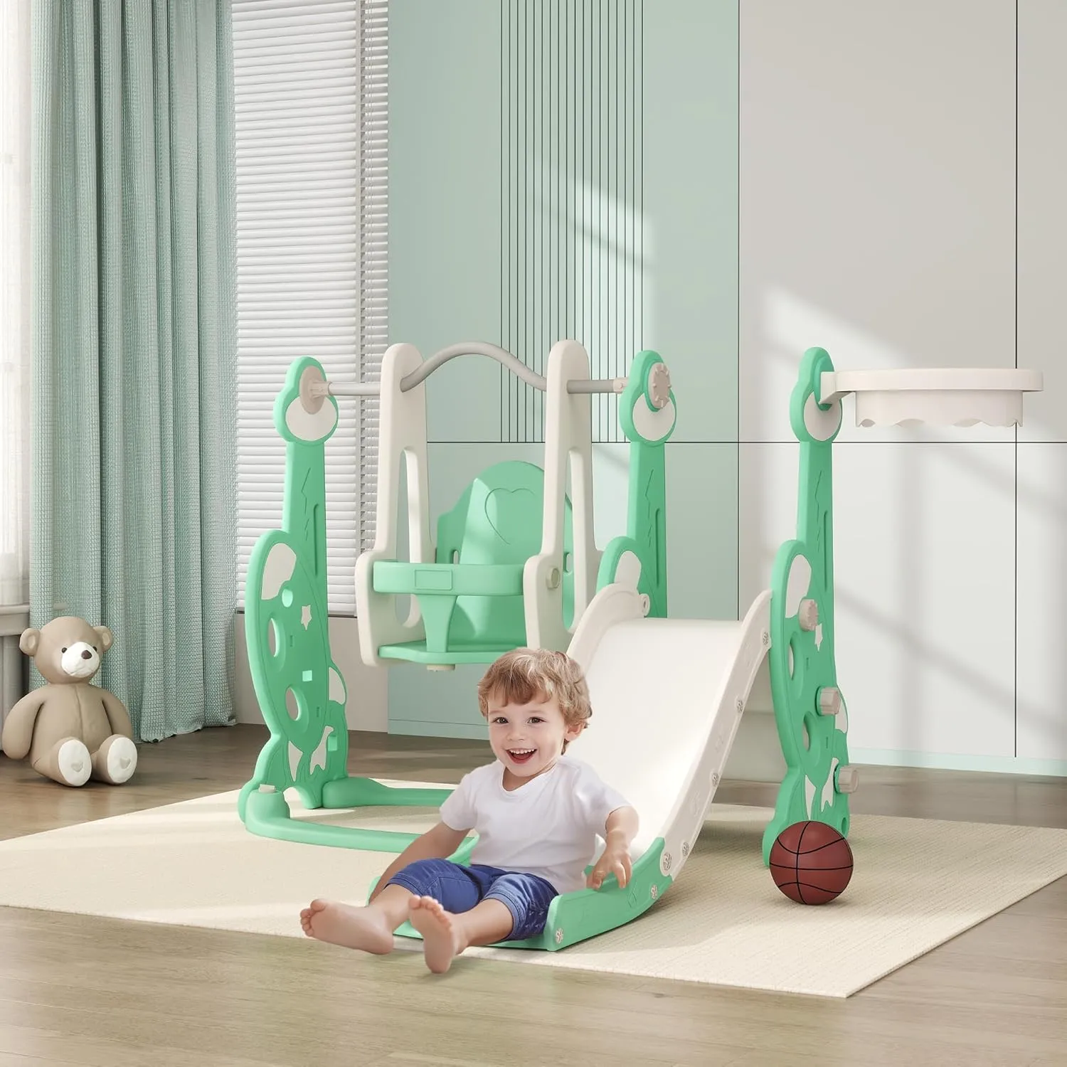 Qaba 4 in 1 Toddler Slide and Swing Set, Indoor Kids Slide for Ages 1.5-4, Toddler Playset Playground with Climber, Basketball Hoop, Rocket Themed, Green