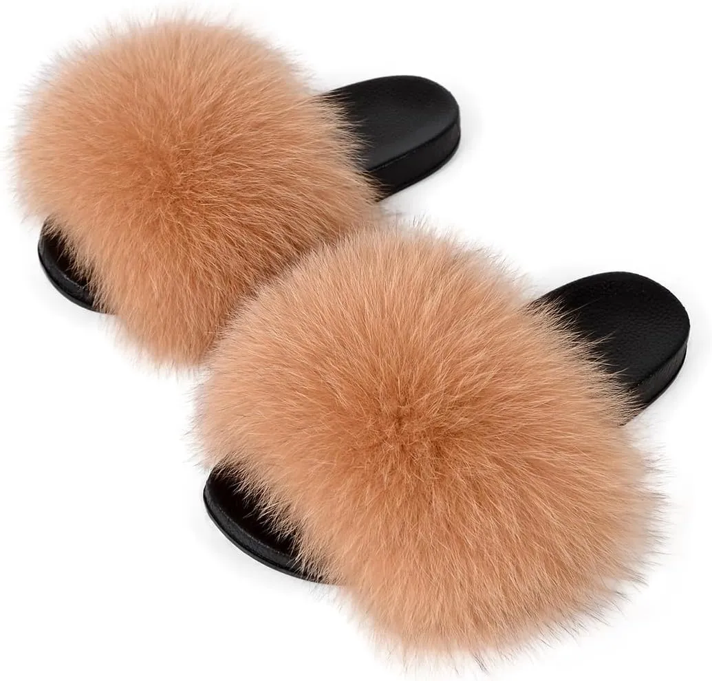 Real Fox Fur Slides Women Furry Fluffy Fur Slippers Open Toe Flat Slide Fur Sandals Outdoor Indoor