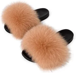 Real Fox Fur Slides Women Furry Fluffy Fur Slippers Open Toe Flat Slide Fur Sandals Outdoor Indoor