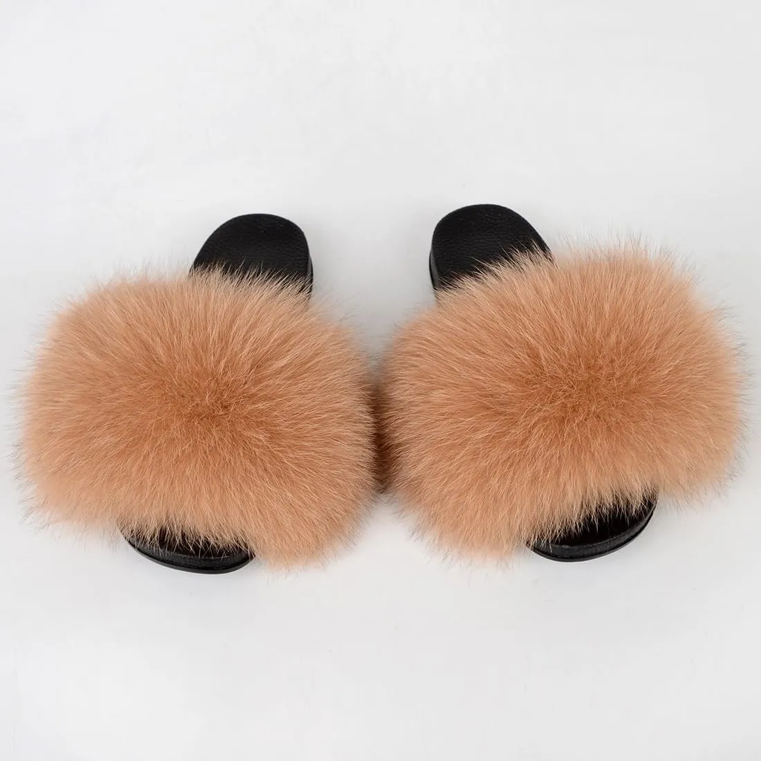 Real Fox Fur Slides Women Furry Fluffy Fur Slippers Open Toe Flat Slide Fur Sandals Outdoor Indoor