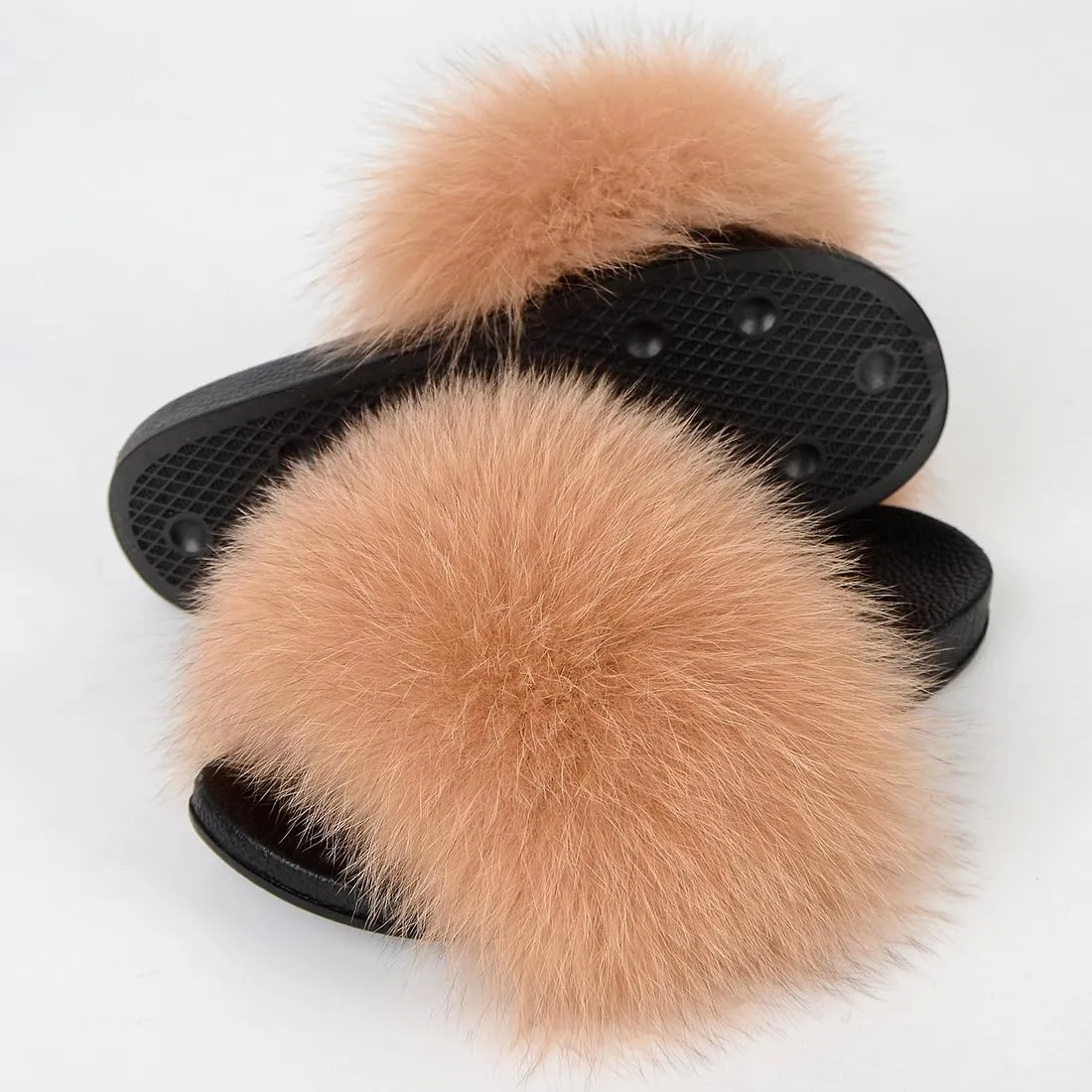Real Fox Fur Slides Women Furry Fluffy Fur Slippers Open Toe Flat Slide Fur Sandals Outdoor Indoor