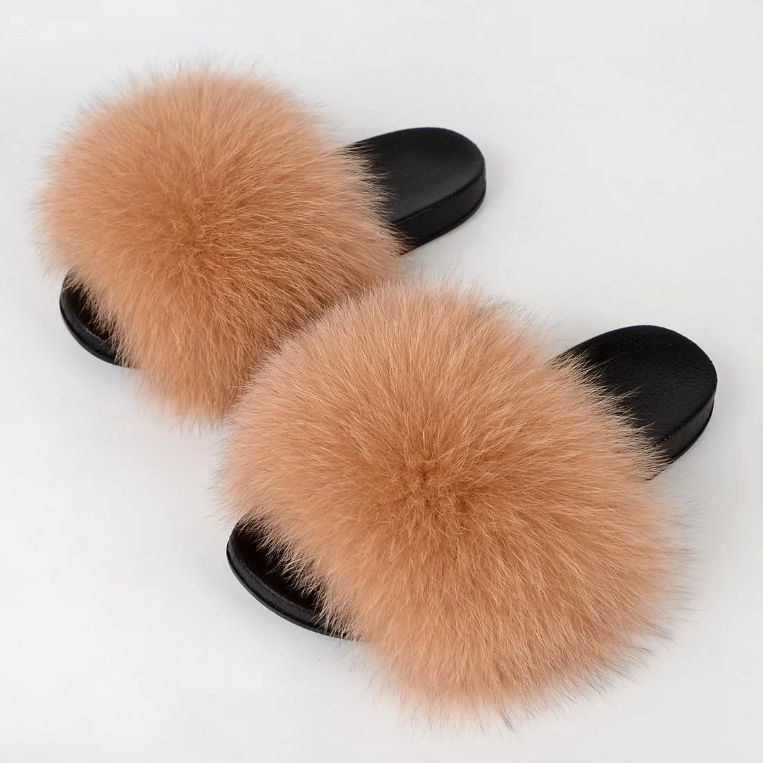 Real Fox Fur Slides Women Furry Fluffy Fur Slippers Open Toe Flat Slide Fur Sandals Outdoor Indoor