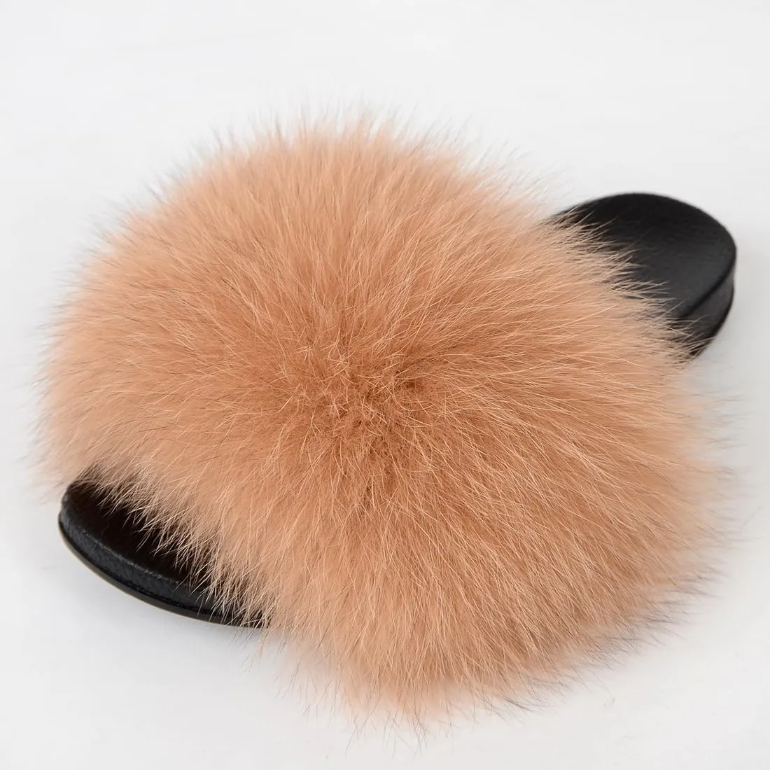 Real Fox Fur Slides Women Furry Fluffy Fur Slippers Open Toe Flat Slide Fur Sandals Outdoor Indoor