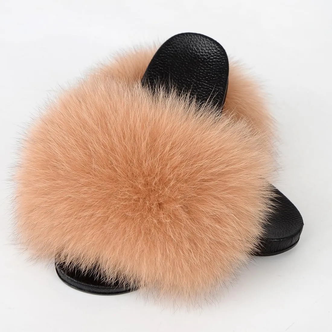 Real Fox Fur Slides Women Furry Fluffy Fur Slippers Open Toe Flat Slide Fur Sandals Outdoor Indoor