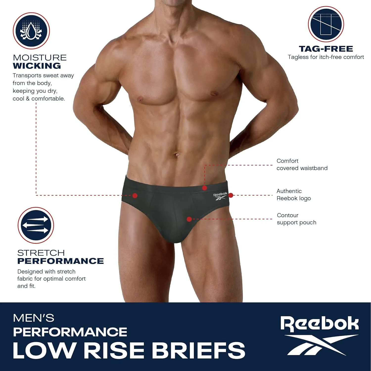 Reebok Men's Briefs - 5 Pack Quick Dry Low Rise Performance Underwear Briefs - Soft Stretch Athletic Men's Bikini Briefs S-XL