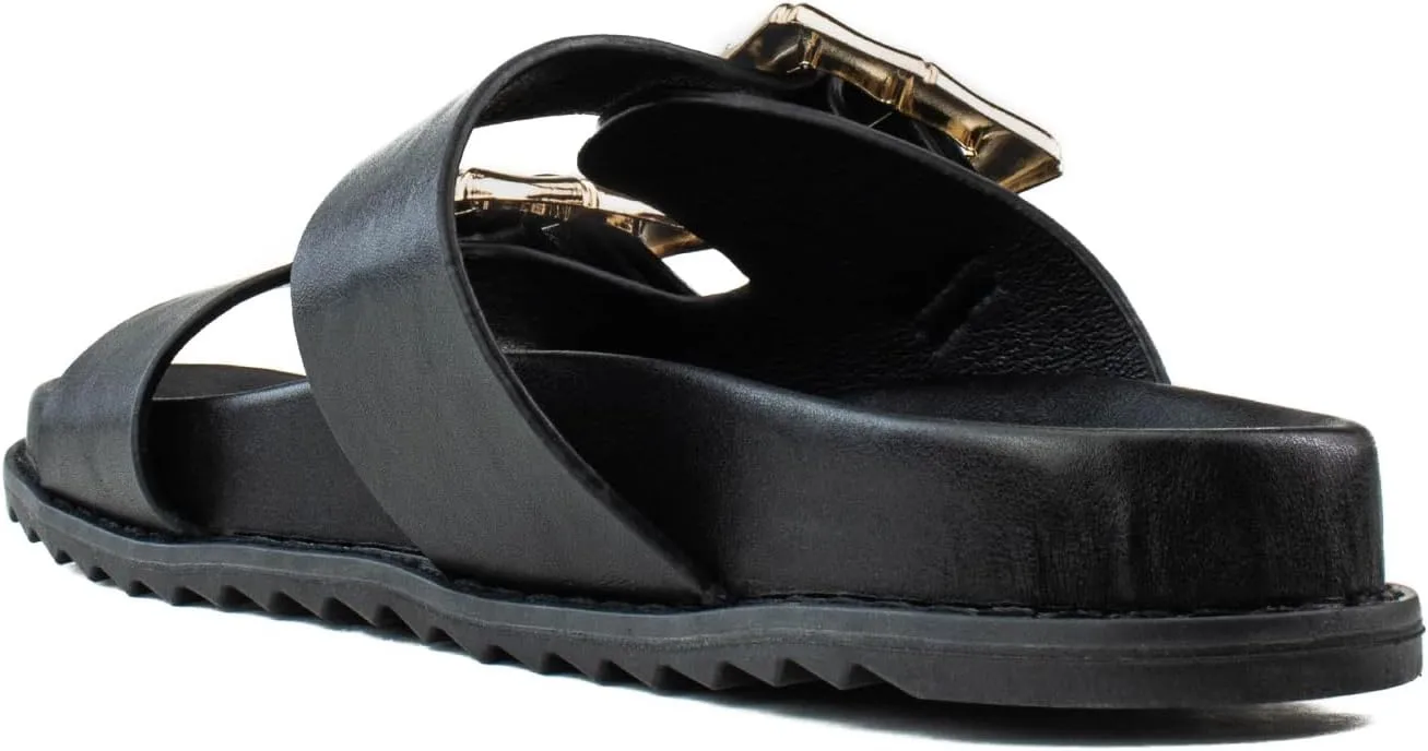 RF ROOM OF FASHION Women's Double Band with Adjustable Square Buckle Footbed Slide Sandals
