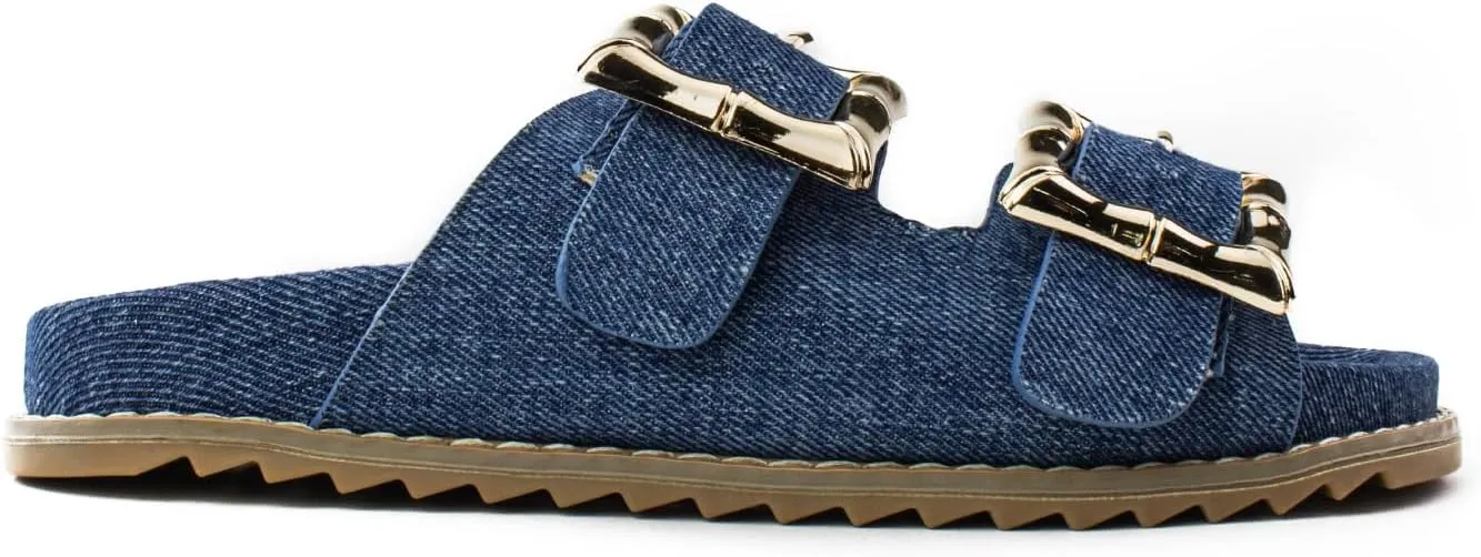 RF ROOM OF FASHION Women's Double Band with Adjustable Square Buckle Footbed Slide Sandals