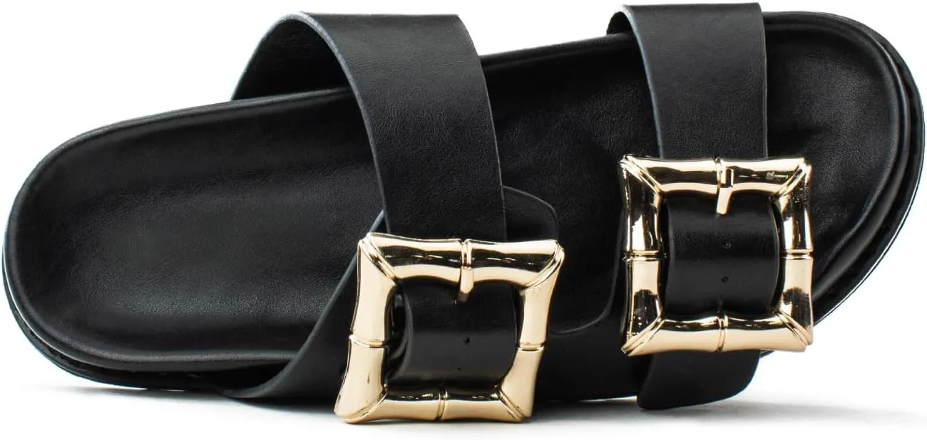RF ROOM OF FASHION Women's Double Band with Adjustable Square Buckle Footbed Slide Sandals