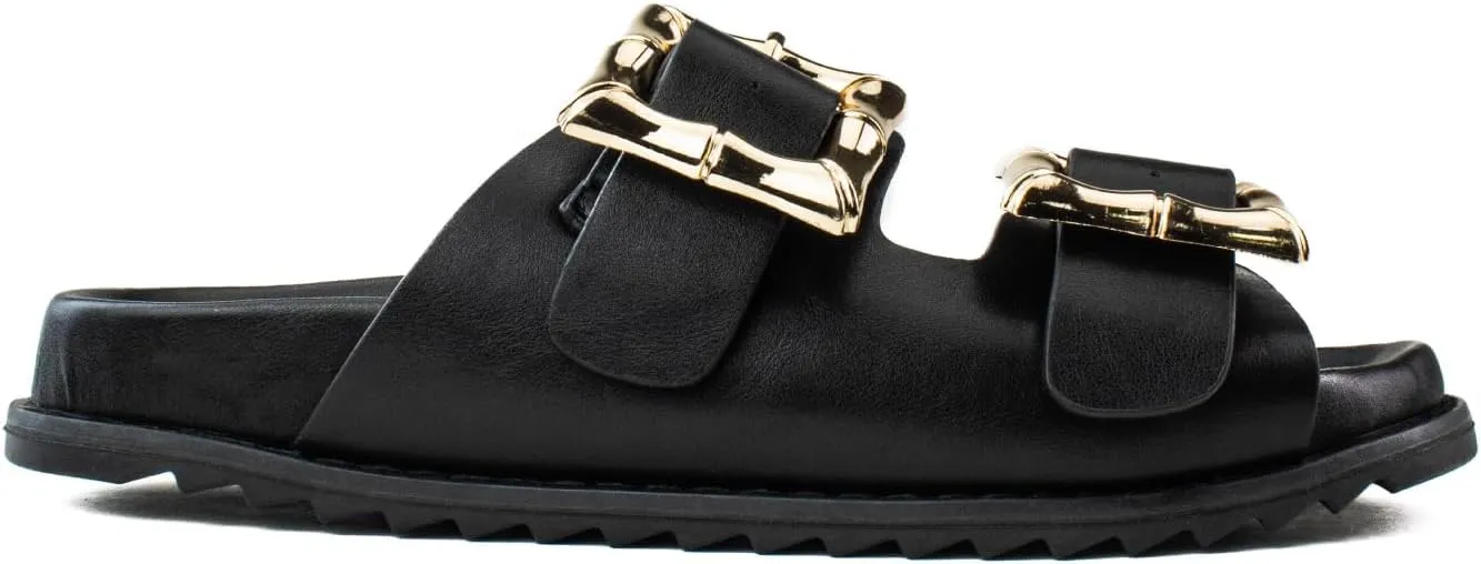 RF ROOM OF FASHION Women's Double Band with Adjustable Square Buckle Footbed Slide Sandals
