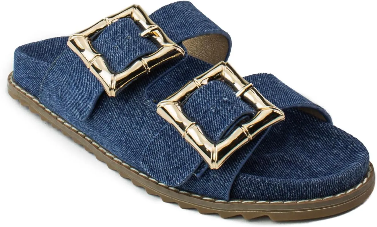 RF ROOM OF FASHION Women's Double Band with Adjustable Square Buckle Footbed Slide Sandals