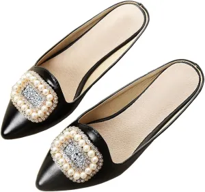 Rhinestone Mules for Women Flats Shoes Slip On Backless Loafer Pointed Toe Dress Mule Slides