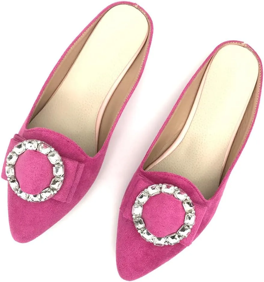 Rhinestone Mules for Women Flats Shoes Slip On Backless Loafer Pointed Toe Dress Mule Slides