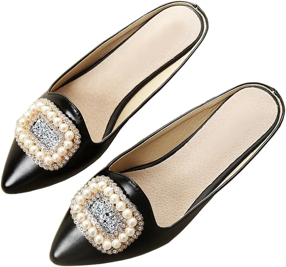 Rhinestone Mules for Women Flats Shoes Slip On Backless Loafer Pointed Toe Dress Mule Slides