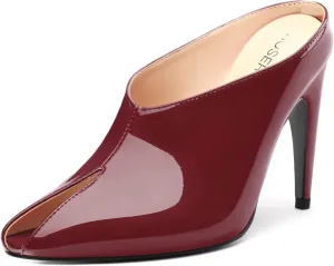 ROSERWISH Heeled Mules for Woman High Heel Mules Slip on Casual Slide Mules Square Toe Stiletto Heels Patent Comfortable Fashion Dress Shoes