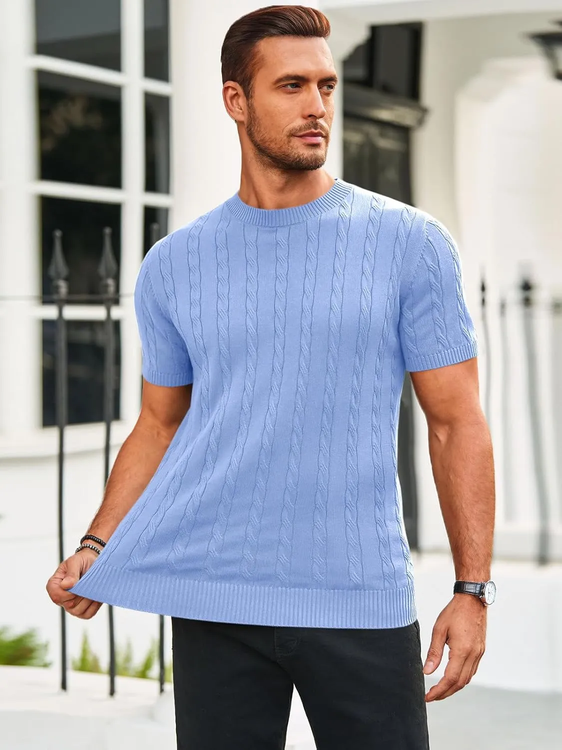 Runcati Mens Knit Short Sleeve T Shirts Casual Crewneck Slim Fit Shirt Cable Knitted Stretch Pullover Tees