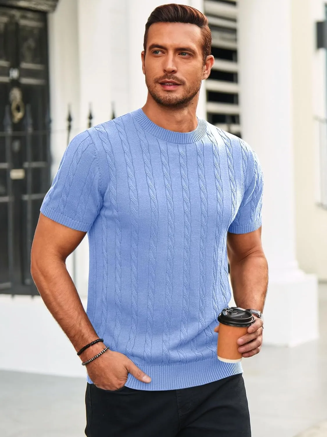 Runcati Mens Knit Short Sleeve T Shirts Casual Crewneck Slim Fit Shirt Cable Knitted Stretch Pullover Tees