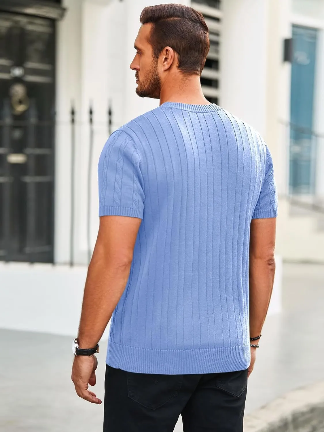 Runcati Mens Knit Short Sleeve T Shirts Casual Crewneck Slim Fit Shirt Cable Knitted Stretch Pullover Tees
