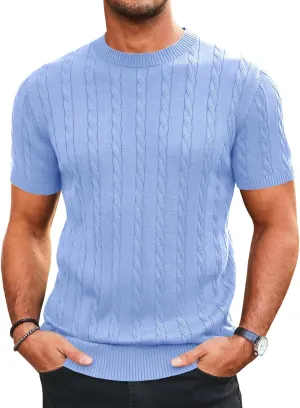 Runcati Mens Knit Short Sleeve T Shirts Casual Crewneck Slim Fit Shirt Cable Knitted Stretch Pullover Tees