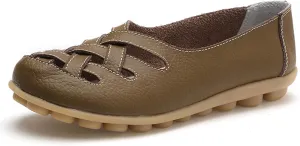 Sandals for Women 2025 Breathable Leather Loafers Hollow Soft-Soled Wedges Comfortable Cowhide Leather Shoes Khaki