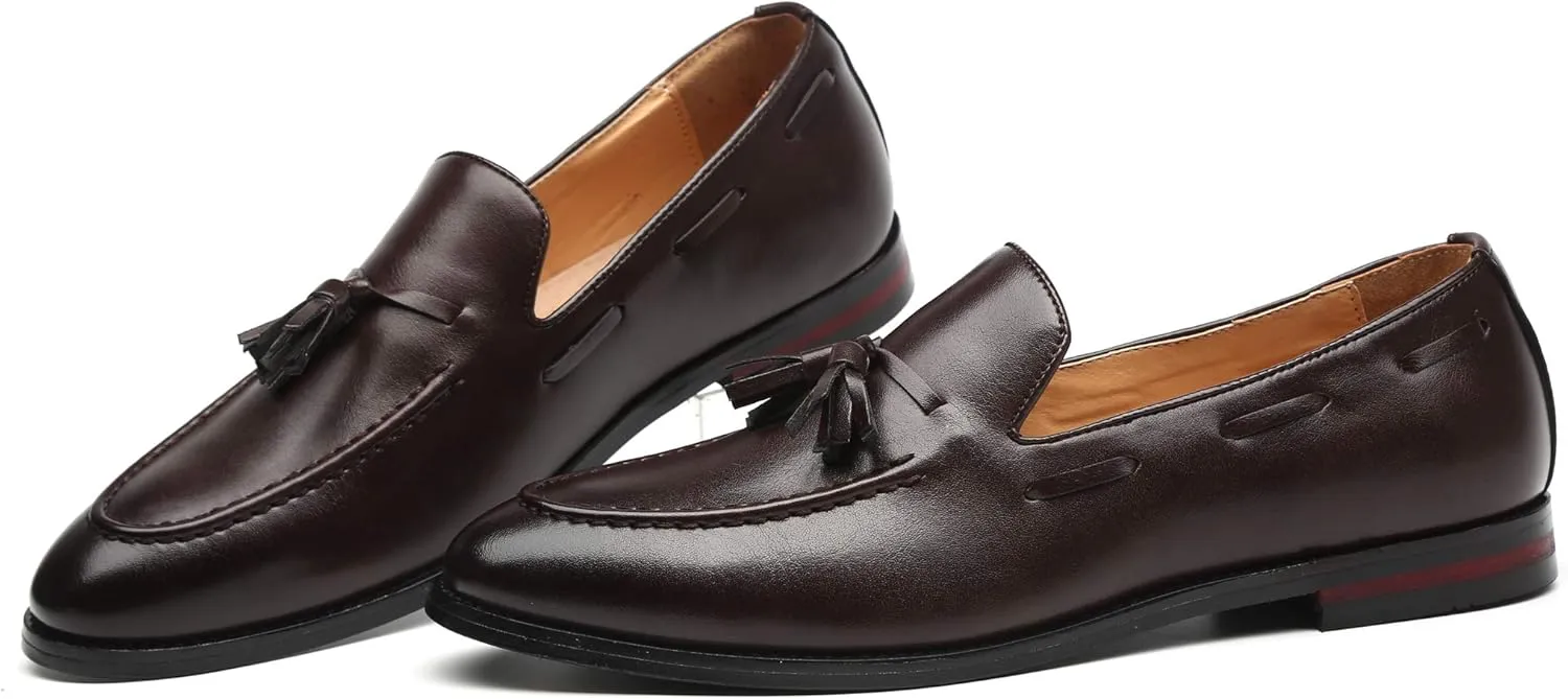 Santimon Mens Fashion Loafers Leather Casual Tassel Slip on Driving Flats Dress Shoes Black Brown