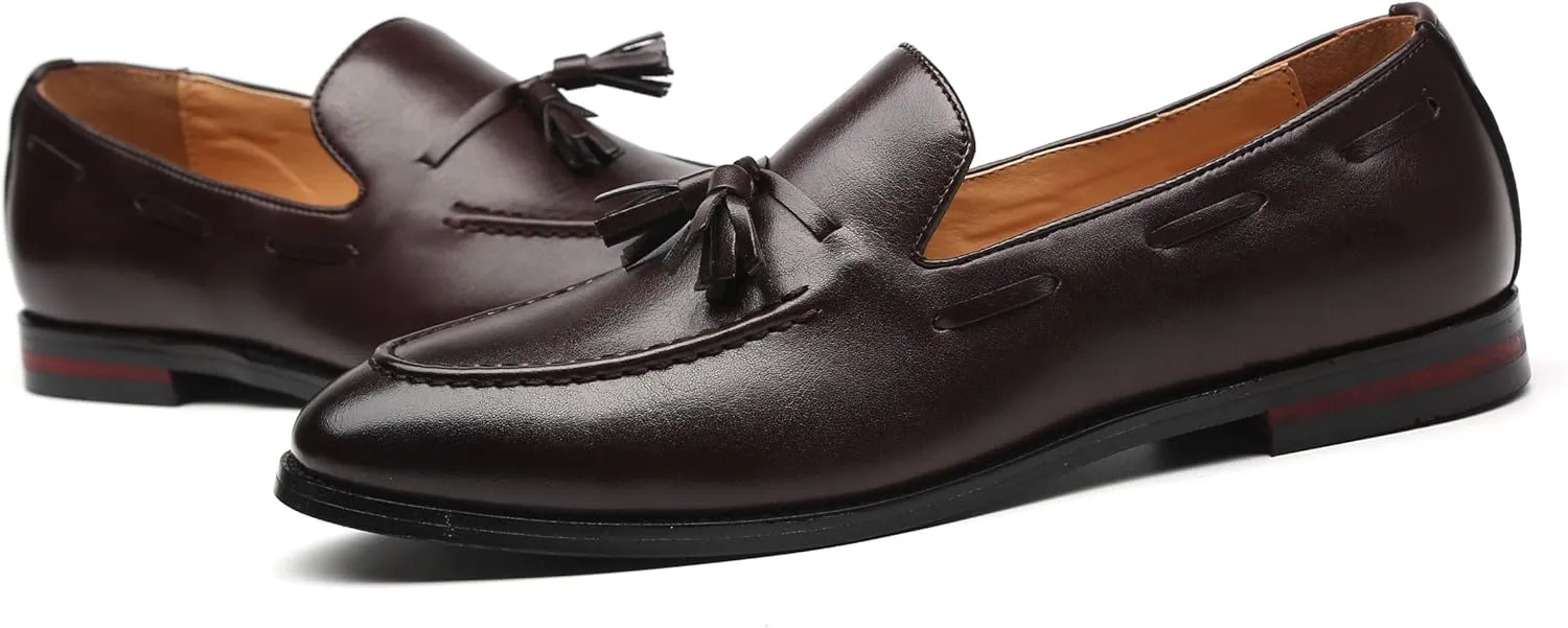 Santimon Mens Fashion Loafers Leather Casual Tassel Slip on Driving Flats Dress Shoes Black Brown