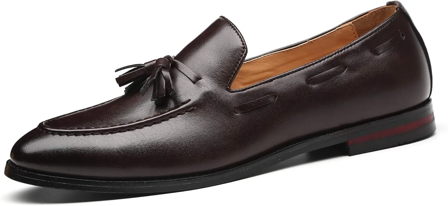 Santimon Mens Fashion Loafers Leather Casual Tassel Slip on Driving Flats Dress Shoes Black Brown