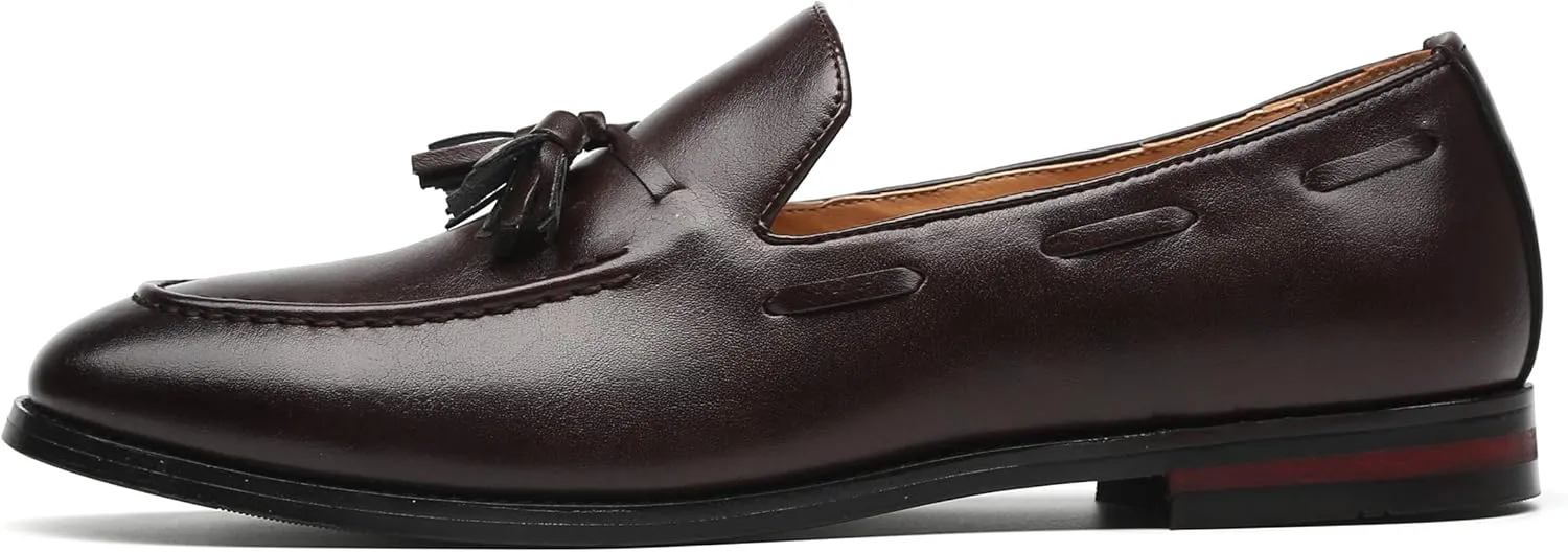 Santimon Mens Fashion Loafers Leather Casual Tassel Slip on Driving Flats Dress Shoes Black Brown