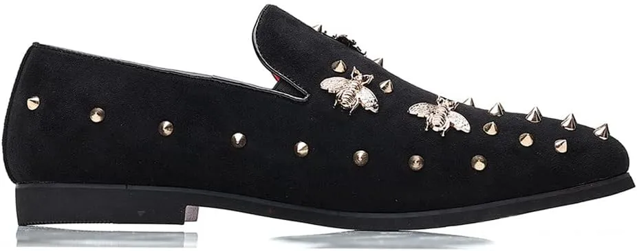 Santimon Men's Spiked Smoking Loafer Suede Velvet Leather Easy Slip-on Wedding Formal Relaxed Comfortable Lightweight Dancing Party Prom Rivet Shoes