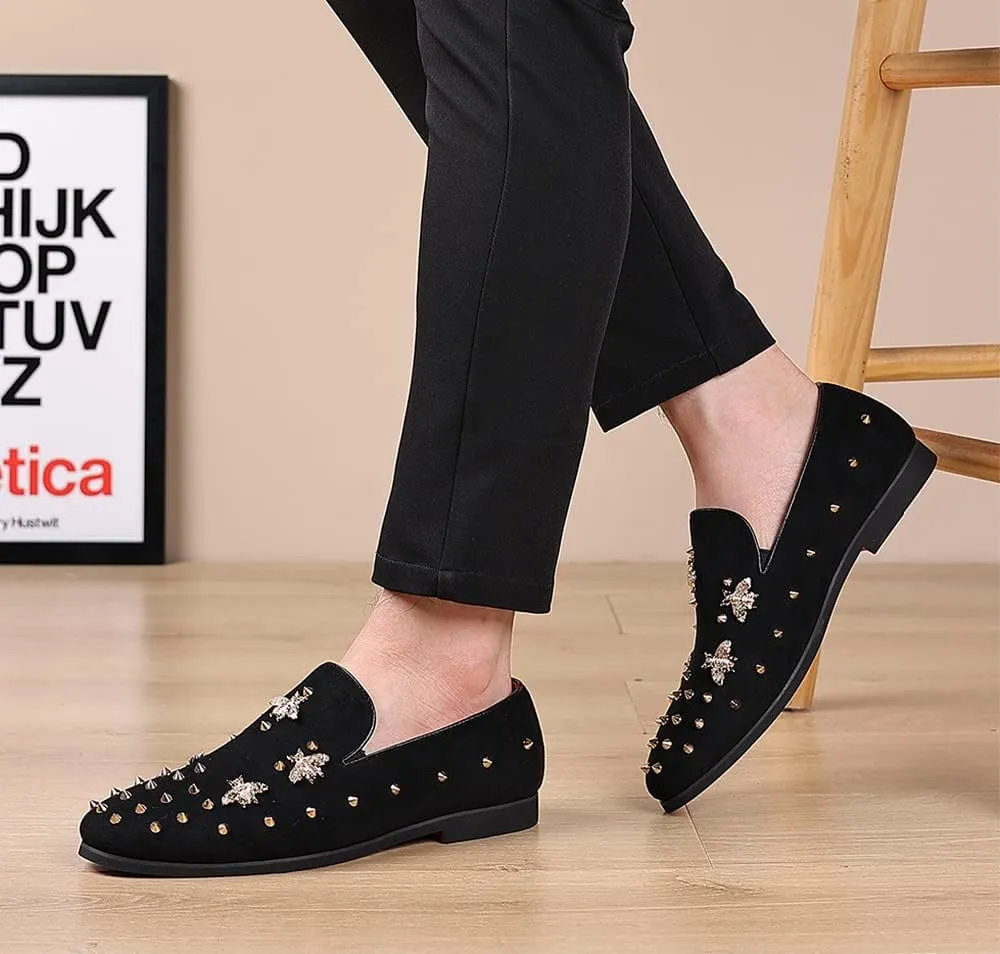 Santimon Men's Spiked Smoking Loafer Suede Velvet Leather Easy Slip-on Wedding Formal Relaxed Comfortable Lightweight Dancing Party Prom Rivet Shoes