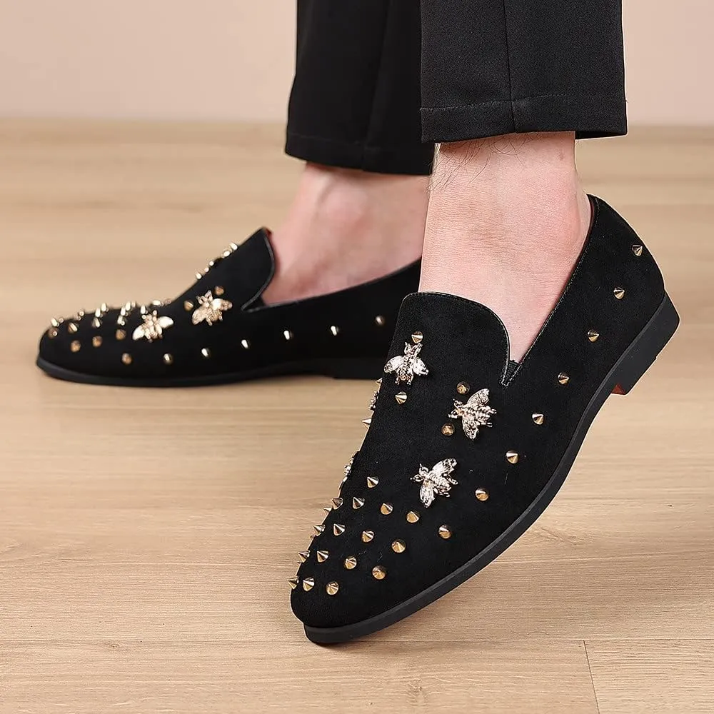 Santimon Men's Spiked Smoking Loafer Suede Velvet Leather Easy Slip-on Wedding Formal Relaxed Comfortable Lightweight Dancing Party Prom Rivet Shoes
