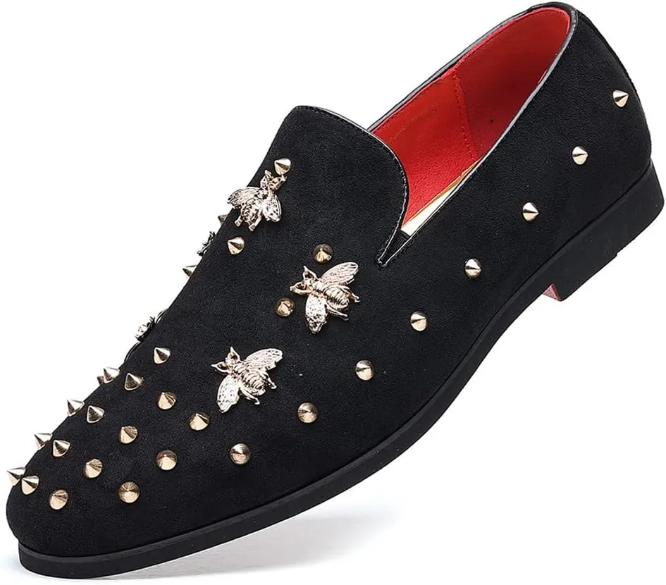 Santimon Men's Spiked Smoking Loafer Suede Velvet Leather Easy Slip-on Wedding Formal Relaxed Comfortable Lightweight Dancing Party Prom Rivet Shoes