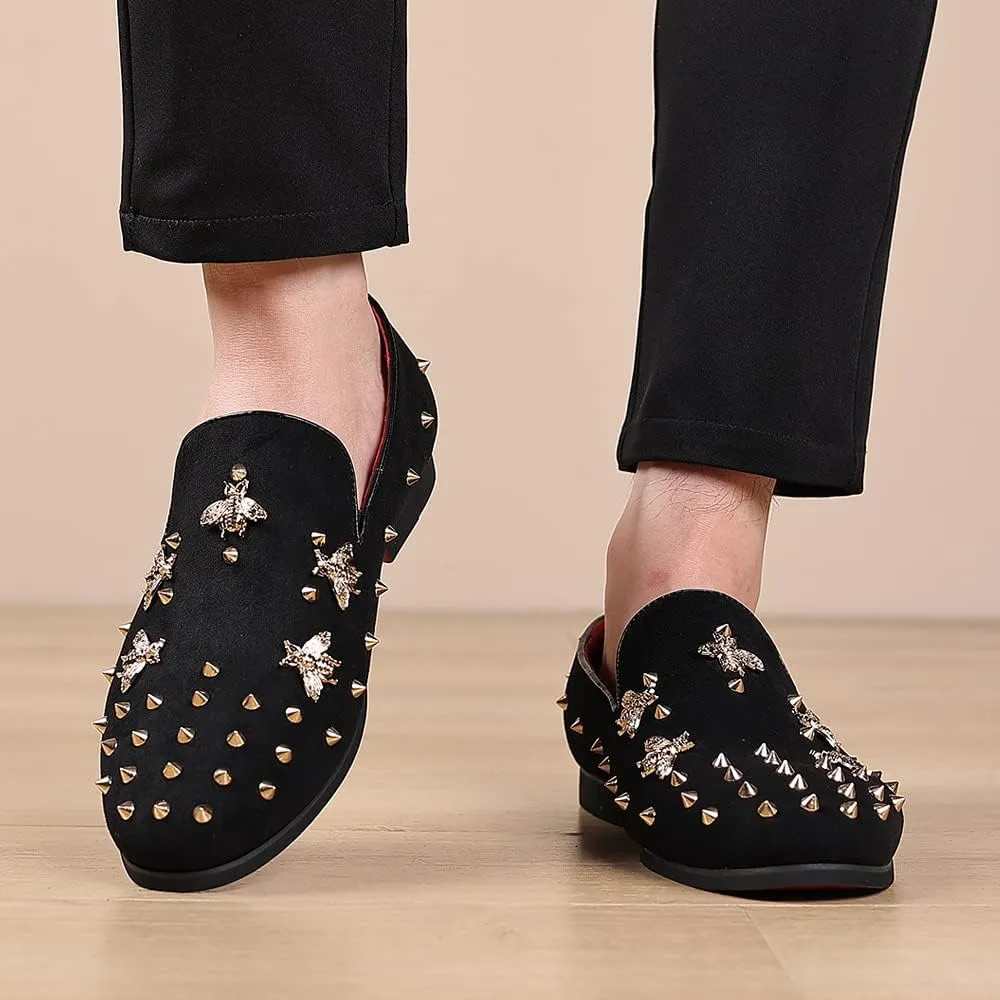 Santimon Men's Spiked Smoking Loafer Suede Velvet Leather Easy Slip-on Wedding Formal Relaxed Comfortable Lightweight Dancing Party Prom Rivet Shoes