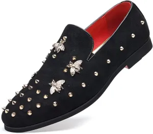 Santimon Men's Spiked Smoking Loafer Suede Velvet Leather Easy Slip-on Wedding Formal Relaxed Comfortable Lightweight Dancing Party Prom Rivet Shoes