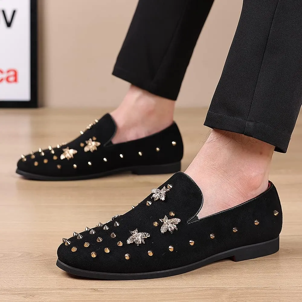 Santimon Men's Spiked Smoking Loafer Suede Velvet Leather Easy Slip-on Wedding Formal Relaxed Comfortable Lightweight Dancing Party Prom Rivet Shoes