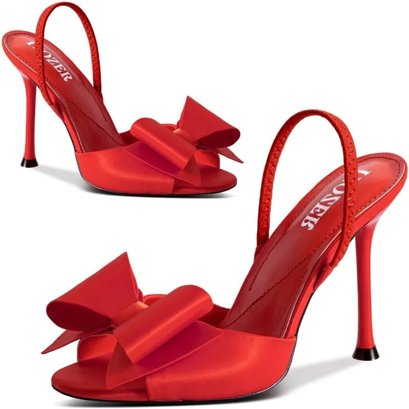 Satin High Heels Slingback Open Toe Mules Sandals Bow Stiletto Sexy Heels Comfortable Wedding Party Shoes