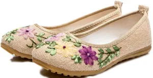 SATUKI Handmade Embroidered Shoes for Women, Slip-On Casual Loafer Flat Floral Slippers