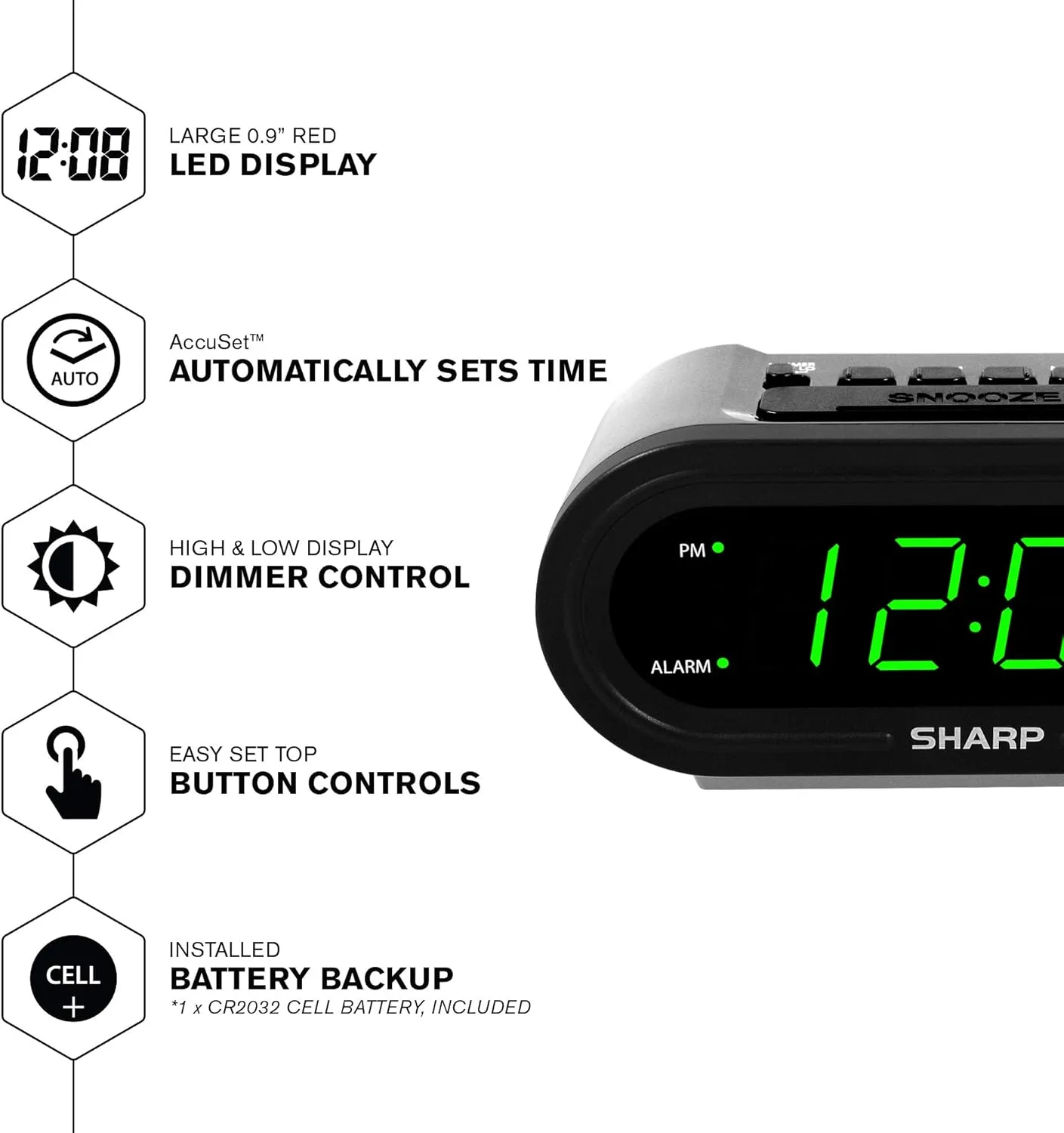 SHARP Digital Alarm with AccuSet - Automatic Smart Clock, Never Needs Setting - Great for Seniors, Kids, and Everyone who Doesn't Want to Set a Clock! Silver Case with Green LEDs