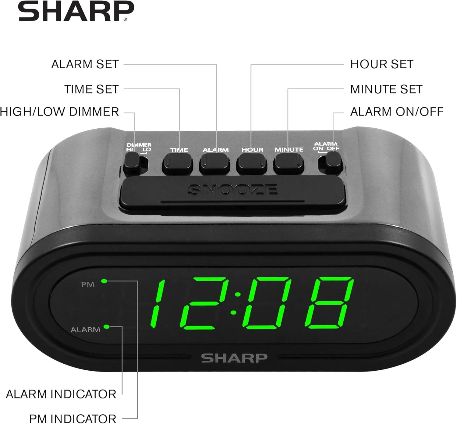 SHARP Digital Alarm with AccuSet - Automatic Smart Clock, Never Needs Setting - Great for Seniors, Kids, and Everyone who Doesn't Want to Set a Clock! Silver Case with Green LEDs