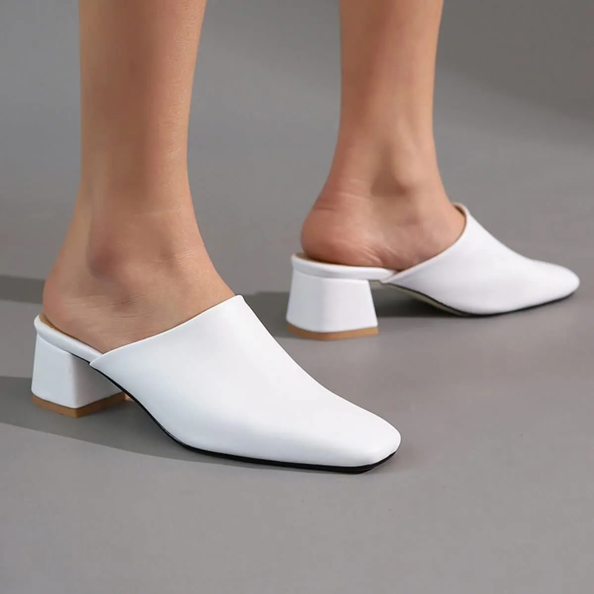 SHEMEE Women's Closed Square Toe Chunky Heel Slides Mule Pumps Slip On Mid Block Heels Slippers Sandals Backless Slingback Shoes