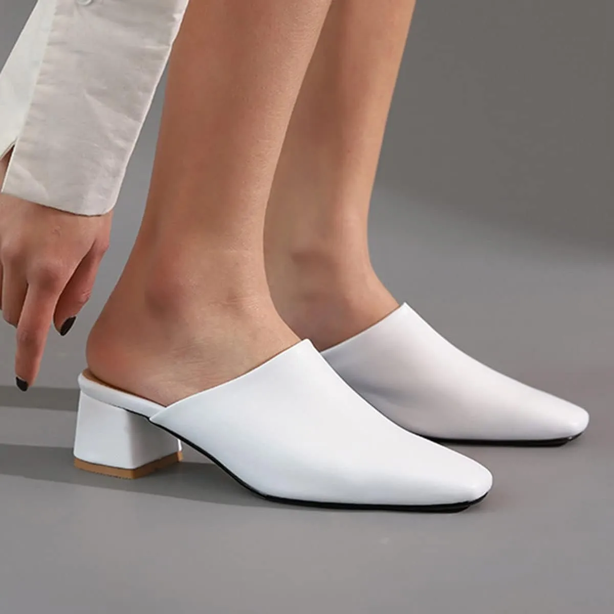 SHEMEE Women's Closed Square Toe Chunky Heel Slides Mule Pumps Slip On Mid Block Heels Slippers Sandals Backless Slingback Shoes